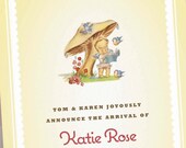 100 Personalized Birth Announcements - Baby Girl - Kewpie under Mushroom