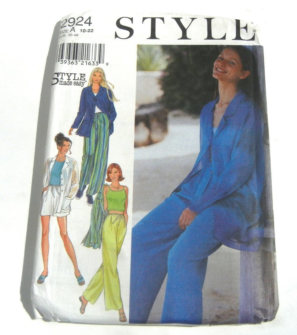 Jacket Sewing Pattern, Long Sleeve, Pants, Shorts, Style 2924 by Simplicity, Misses, Button Down, Plus Size, 1997 at Granny D's Attic