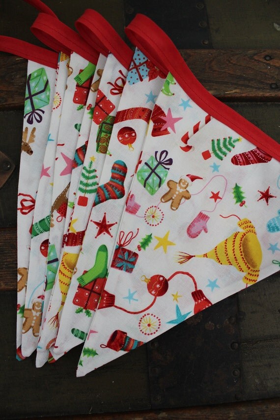 Christmas Fabric Bunting, Flag Banner, Holiday Decoration, 7 Large Flags Bunting. Ready to Ship. Il_570xn