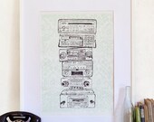 Vintage radios poster print - A Short Visual History of The Car Radio "The Dashboard Sound" - handmade screen print