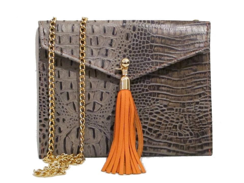 Croc Embossed Crossbody Bag  -  (taupe with orange detailing)