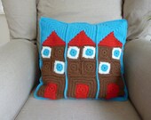 Cushion Cover, Crochet Pillow Cover, Granny Flats - blue, cream, red and brown