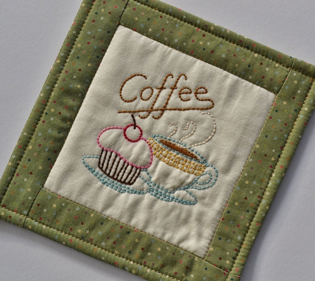 Coffee Coaster - Mug Rug - Coffee Cup - Cupcake - Green Polka Dot - Hand Stitched - Quilted - Home Decor