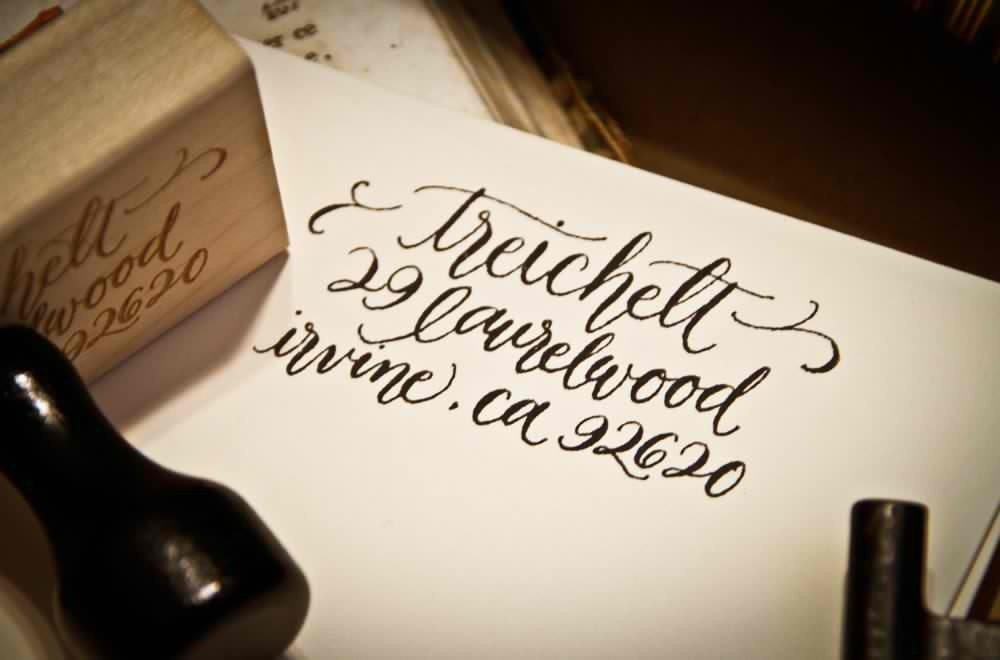 Calligraphy Address Stamp Custom -- All handwritten -- Elle Style last name with flourish