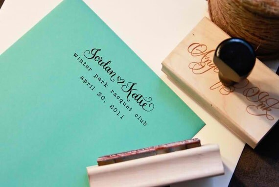 Custom Calligraphy Wedding Stamp -- Handwritten names with wedding date -- Frenchie style with Heart