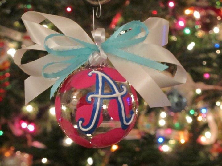 Custom Monogrammed Hand Painted Polkadot Ribbon Glass Ornament Size Medium