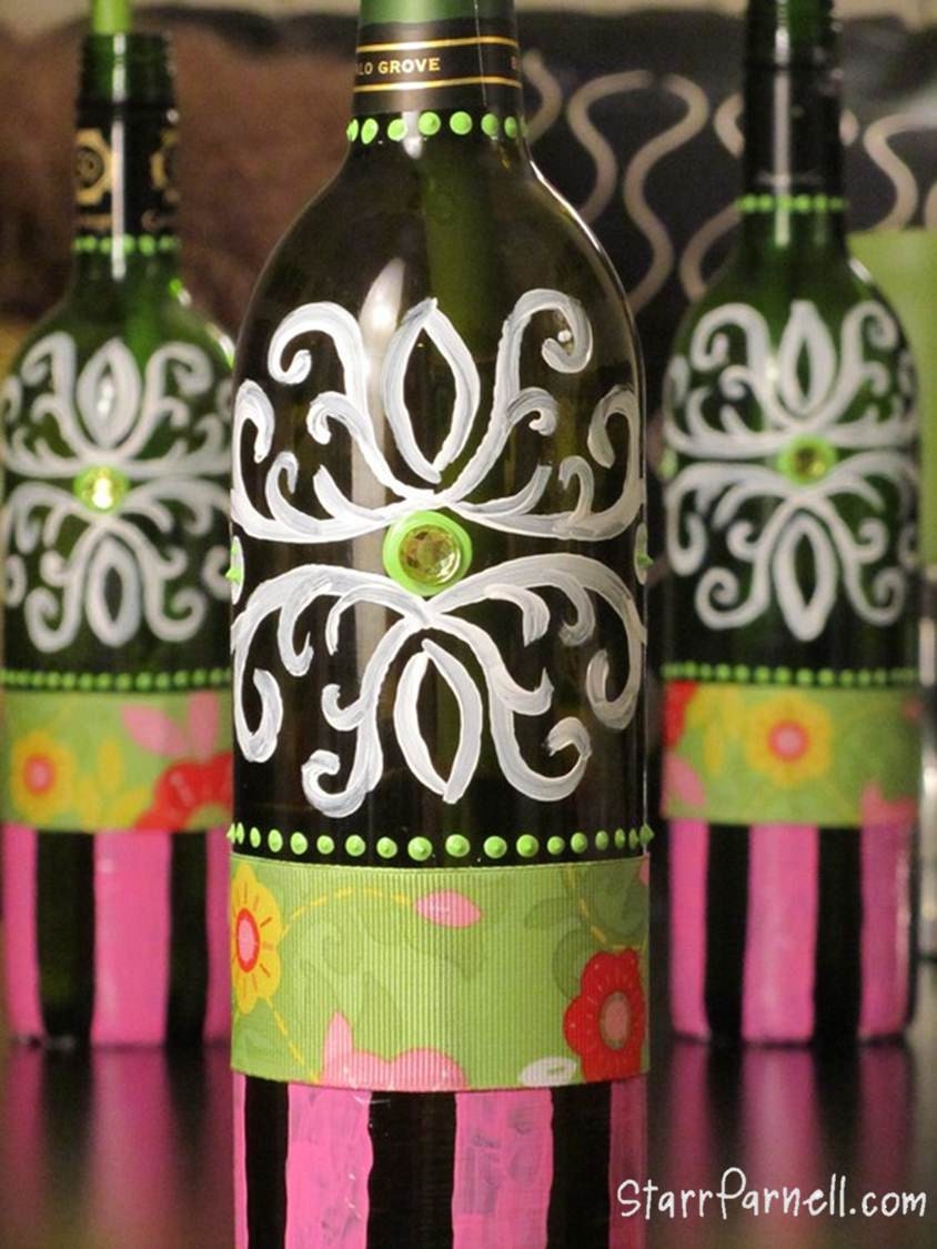 READY TO SHIP - Flower Ribbon and Green Jewels Painted Wine Bottles - Set of 3