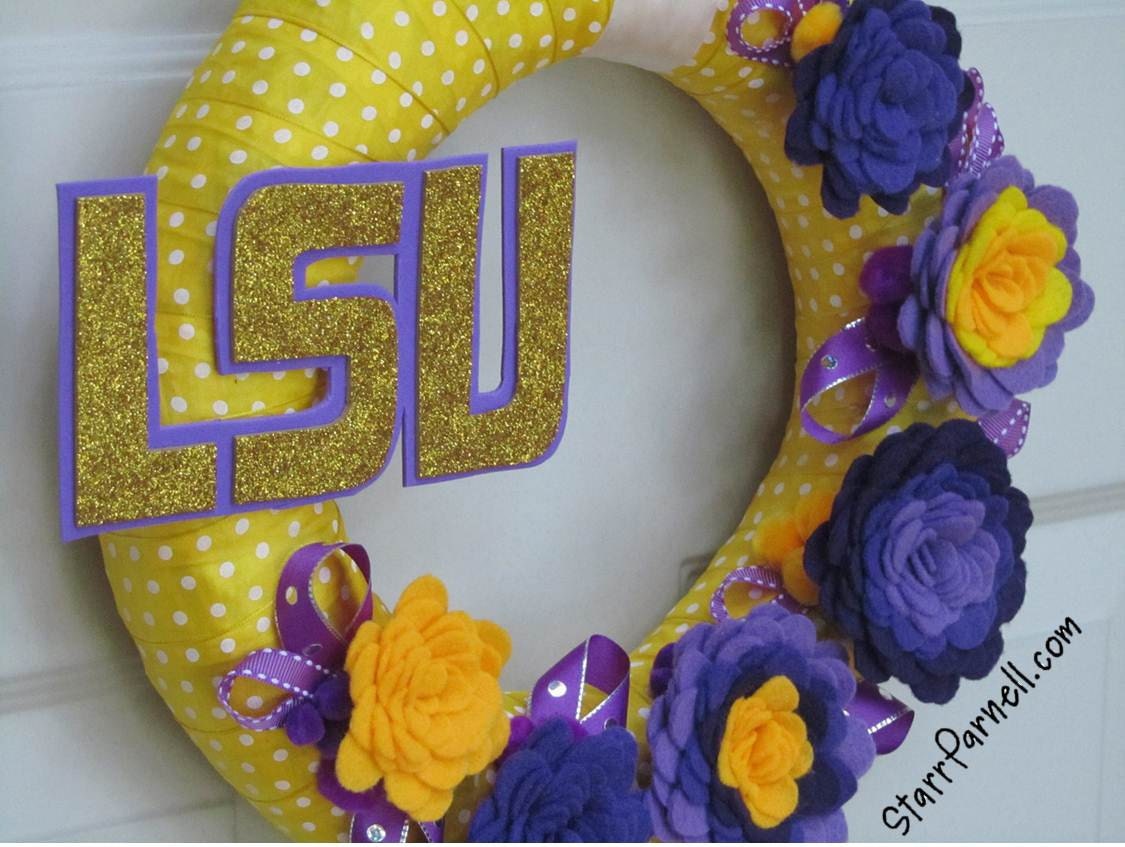 LSU Wreath Yellow Gold and Purple Polkadot Ribbon Rose Style Felt Flowers Wreath 12"