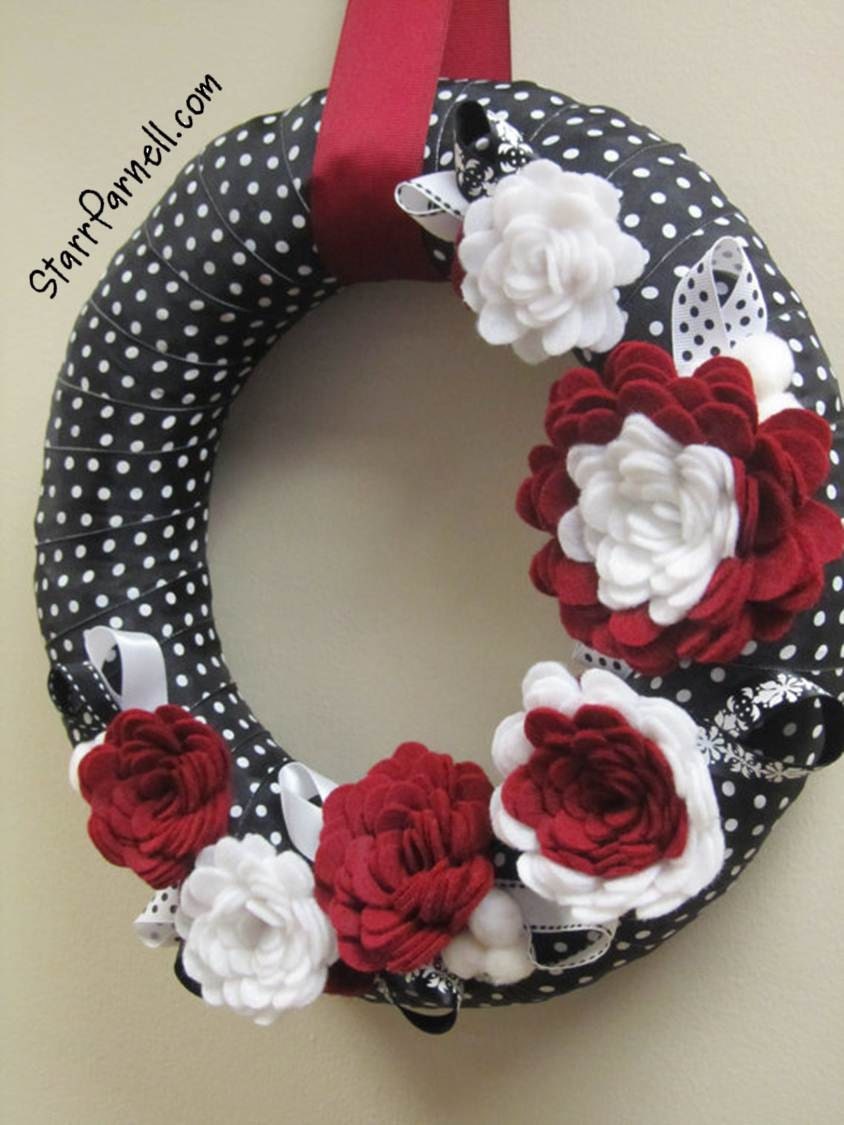 University of South Carolina, Mississippi State, University of Oklahoma Wreath Fall Polkadot Ribbon Rose Style Felt Flowers 12"
