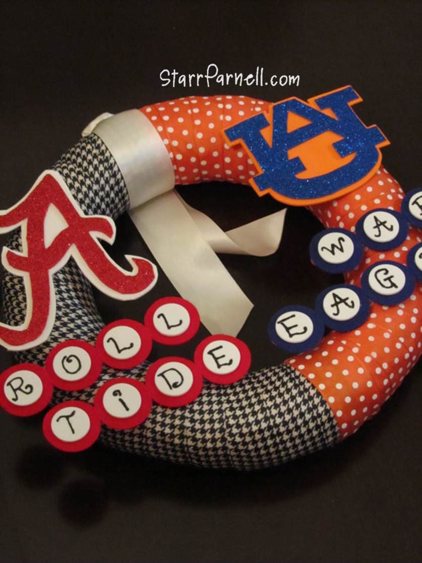 House Divided Wreath Auburn Alabama AU UA Houndstooth and Orange Polkadot Ribbon Felt Roll Tide War Eagle 12"