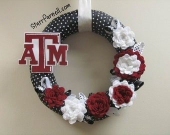 Texas A and M Wreath Aggies Texas A&M Polkadot Ribbon Rose Style Felt Flowers 12"