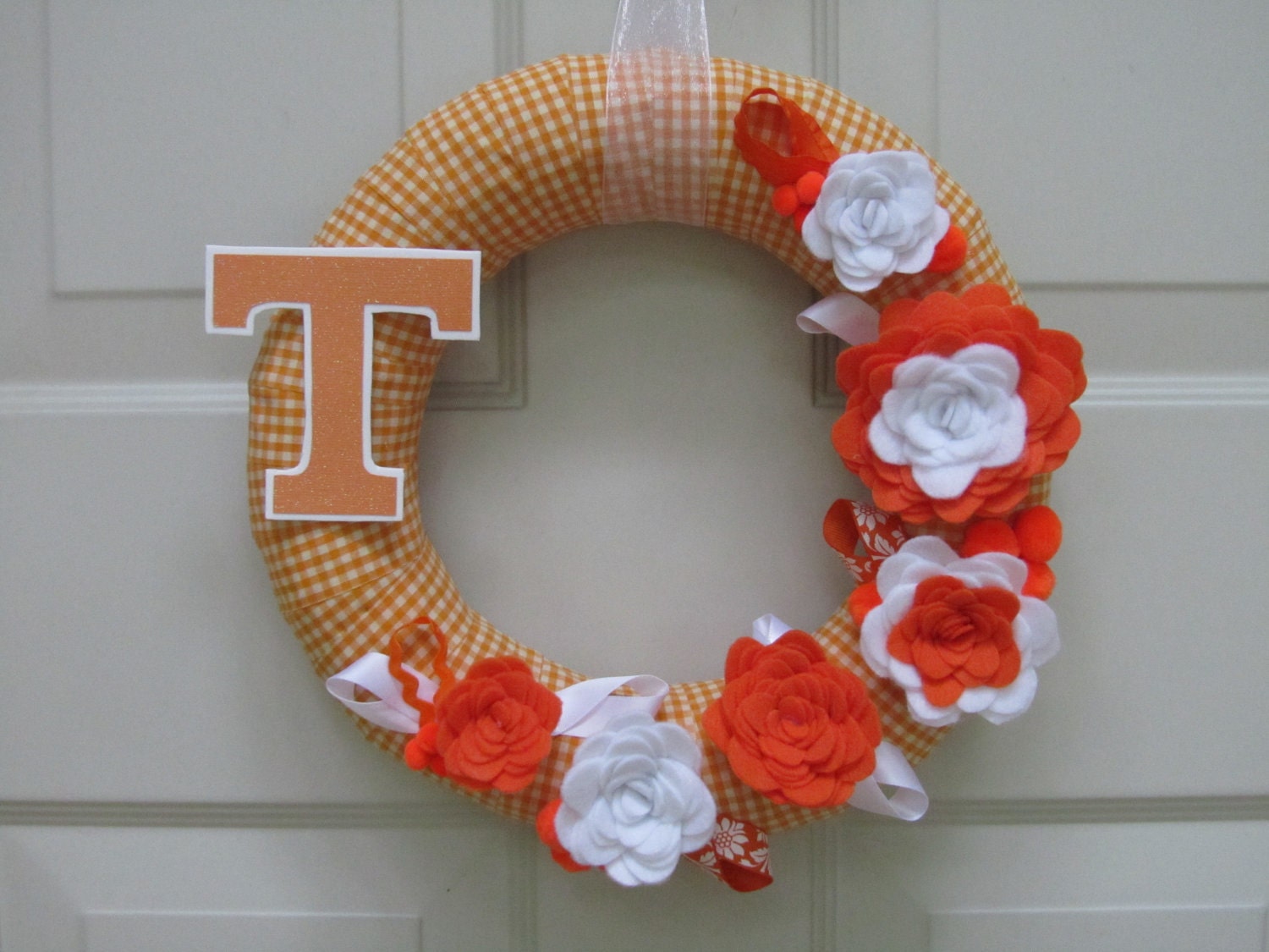 University of Tennessee Wreath UT Orange White Gingham Ribbon Fall Rose Style Felt Flower 12"