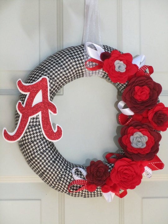 University of Alabama Wreath Fall Houndstooth Rose Style Roll Tide Ribbon Felt Flower Wreath 12"