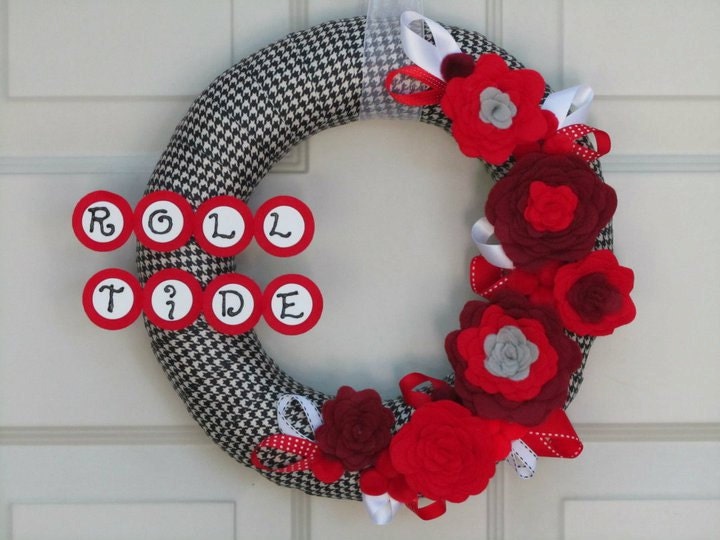 University of Alabama Wreath Fall Houndstooth Rose Style Roll Tide Ribbon Felt Flower Wreath 12"