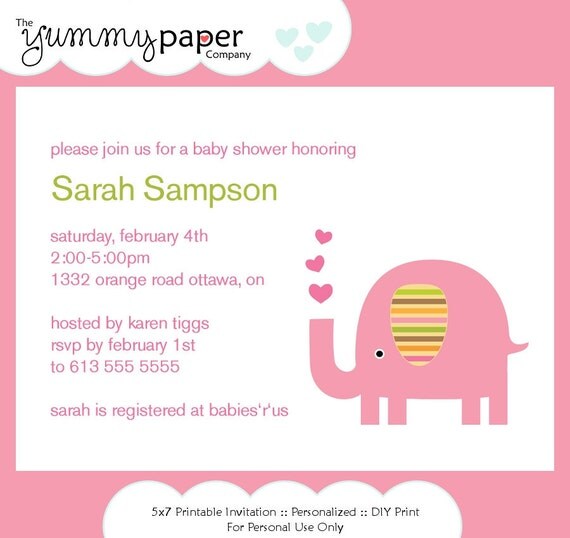 Pink Elephant Baby Shower Invitation ... Custom Printable Invite .. pe02 Il_570xn