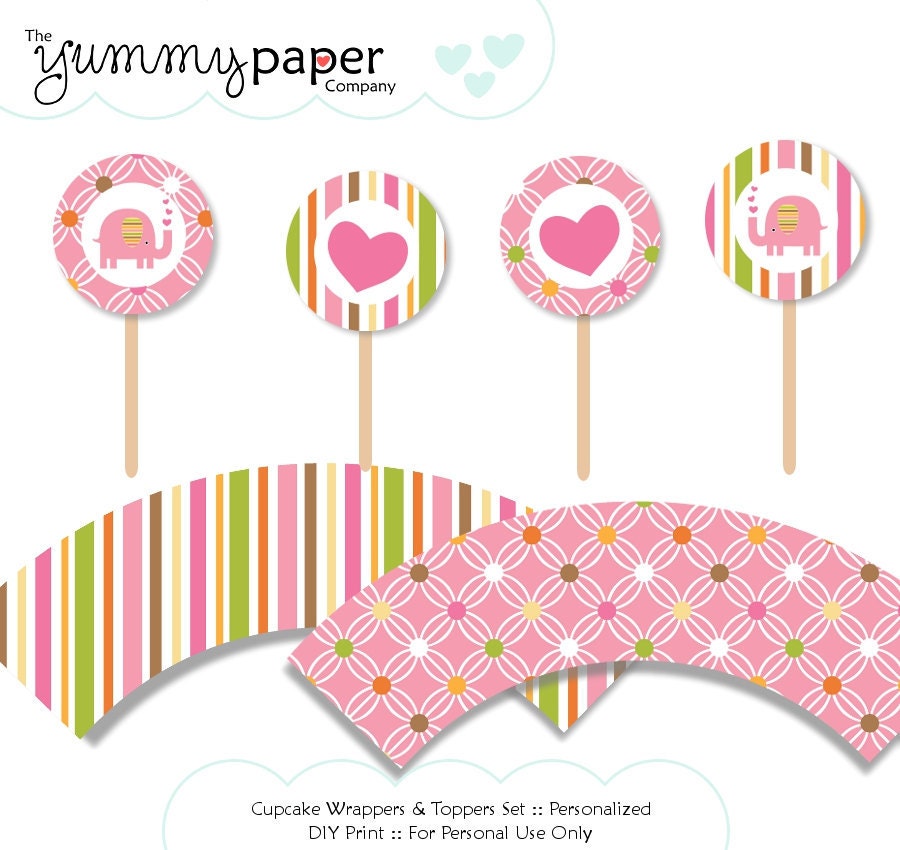 Pink Elephant Party - Cupcake Wrappers and Toppers Set ... Custom DIY Party Printables pe02 Il_570xn