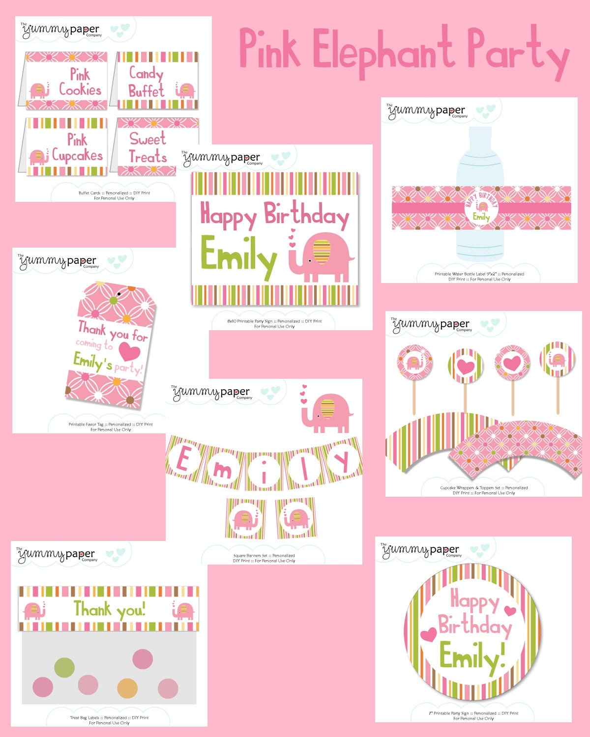 Pink Elephant Printable Party Package - Personalized Birthday DIY Party Printables.. pe02 Il_570xn