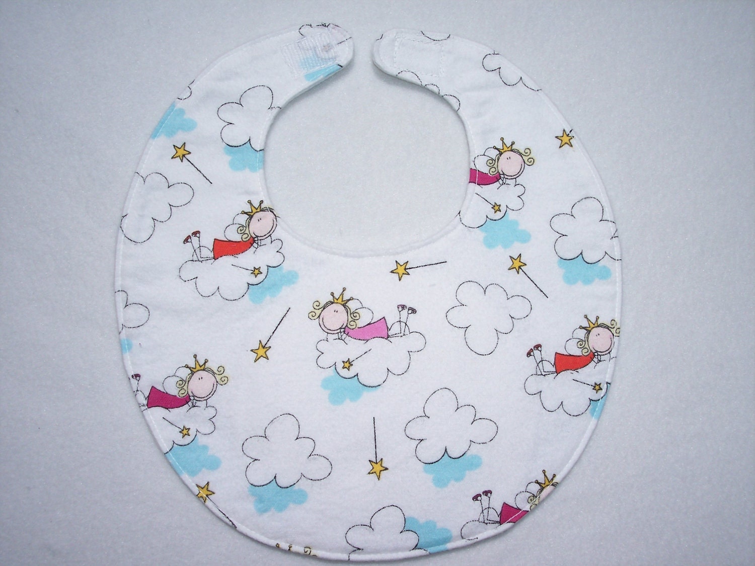 Baby Bib, four soft layers, reversible, white with cute fairy princesses