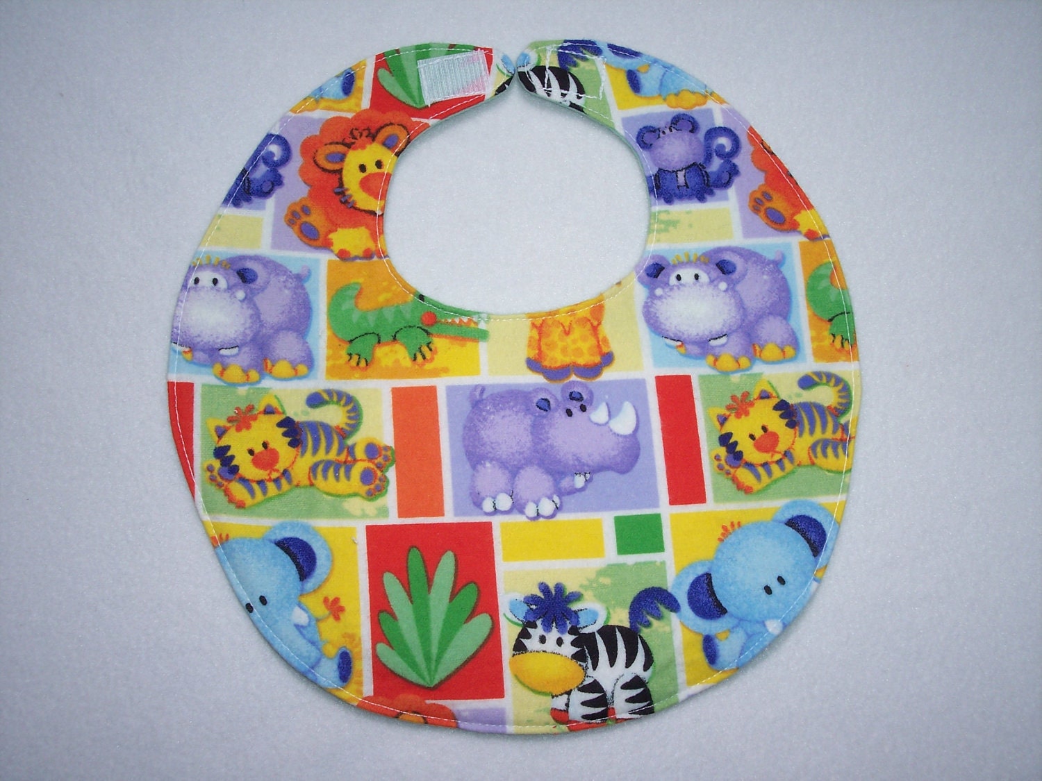 Baby Bib, four soft layers, reversible, bright colors, cute zoo animals