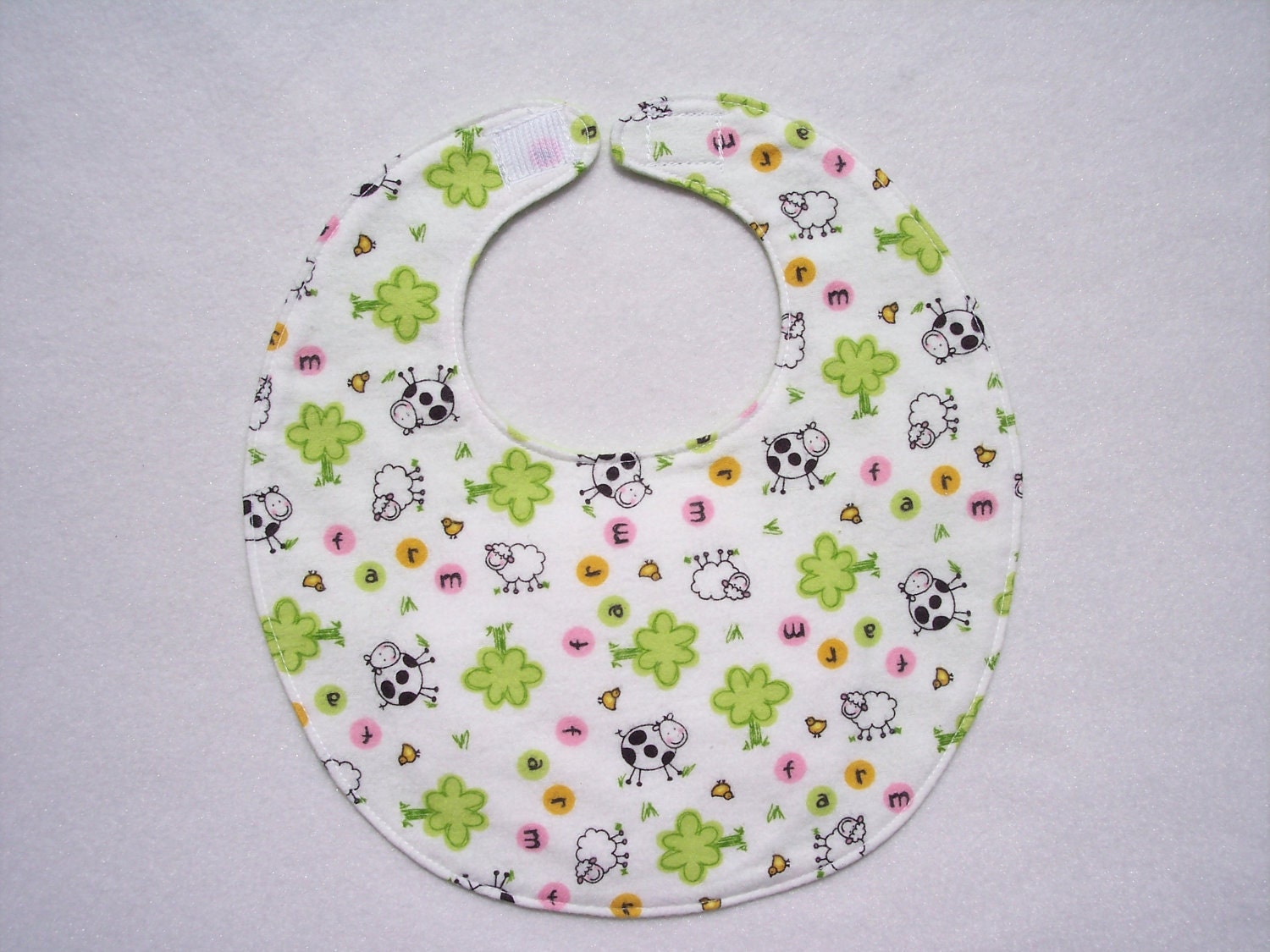 Baby Bibs, four soft layers, reversible, white with cows & lambs