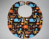 Baby Bibs, four soft layers, reversible, brown with bright critters
