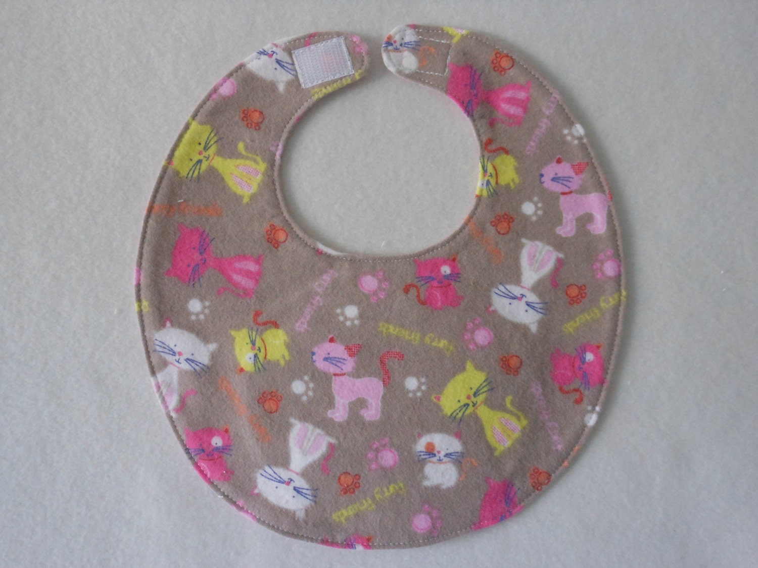 Baby Bibs, four soft layers, reversible, light brown with pink kitties