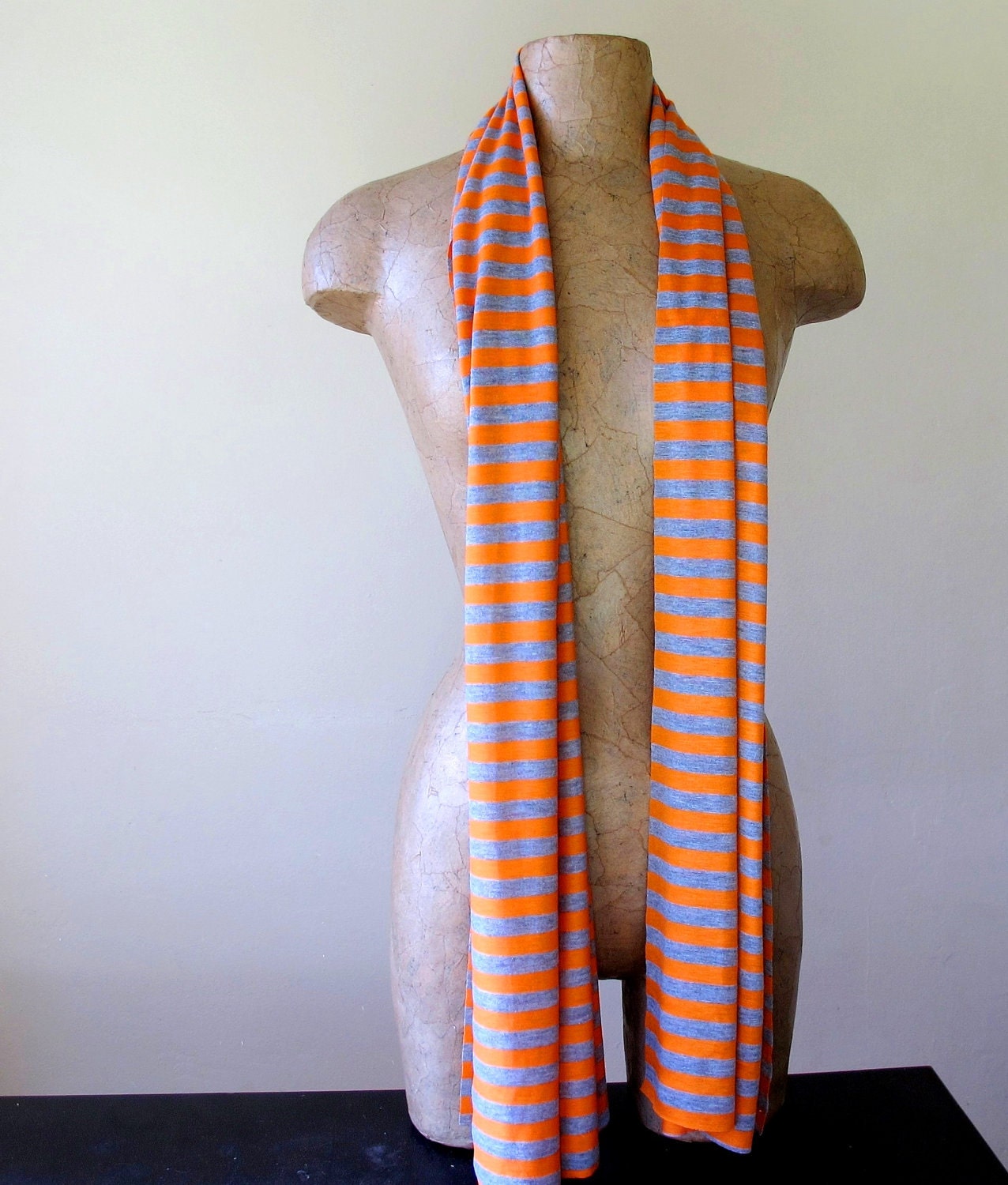 Striped Scarf - Lightweight Striped Skinny Scarf - Orange, Heather Gray Stripes