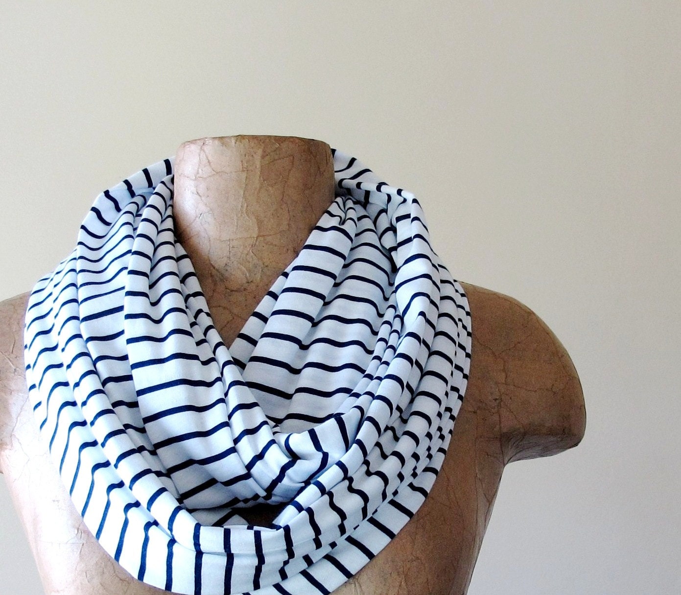 Striped Infinity Scarf - Nautical Infinity Loop Scarf - White, Navy Blue Cotton Jersey Stripes - Lightweight