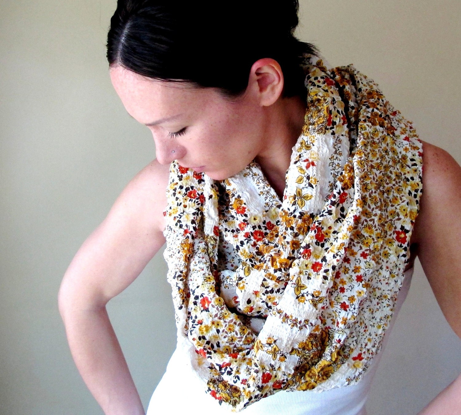 Funky Infinity Scarf - Retro Floral Pattern Motif - Handmade Wrinkle Circle Scarf - Orange Brown Yellow