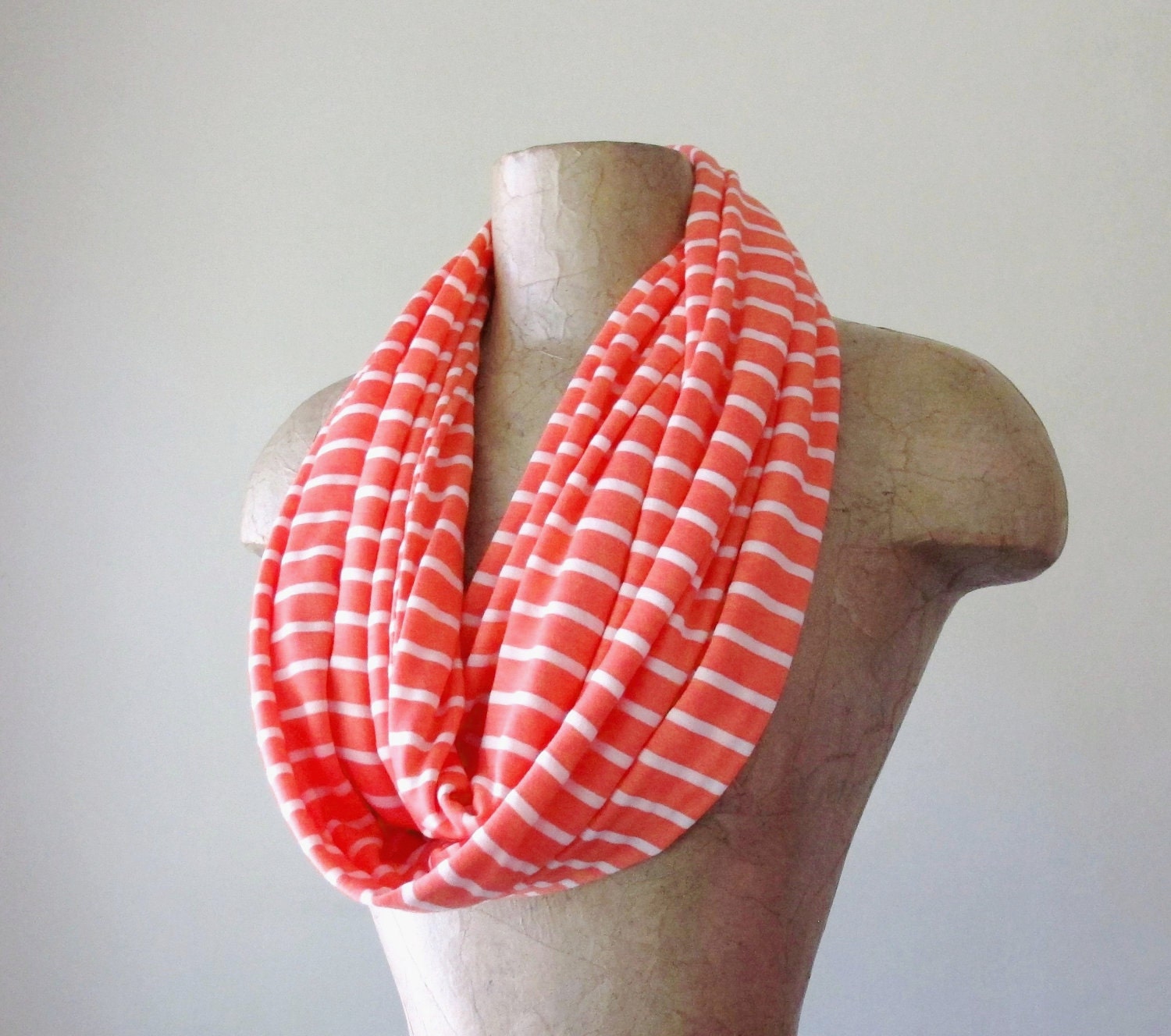 Coral Infinity Scarf - Coral Peach and White Striped Scarves - Handmade Infinity Circle Scarf