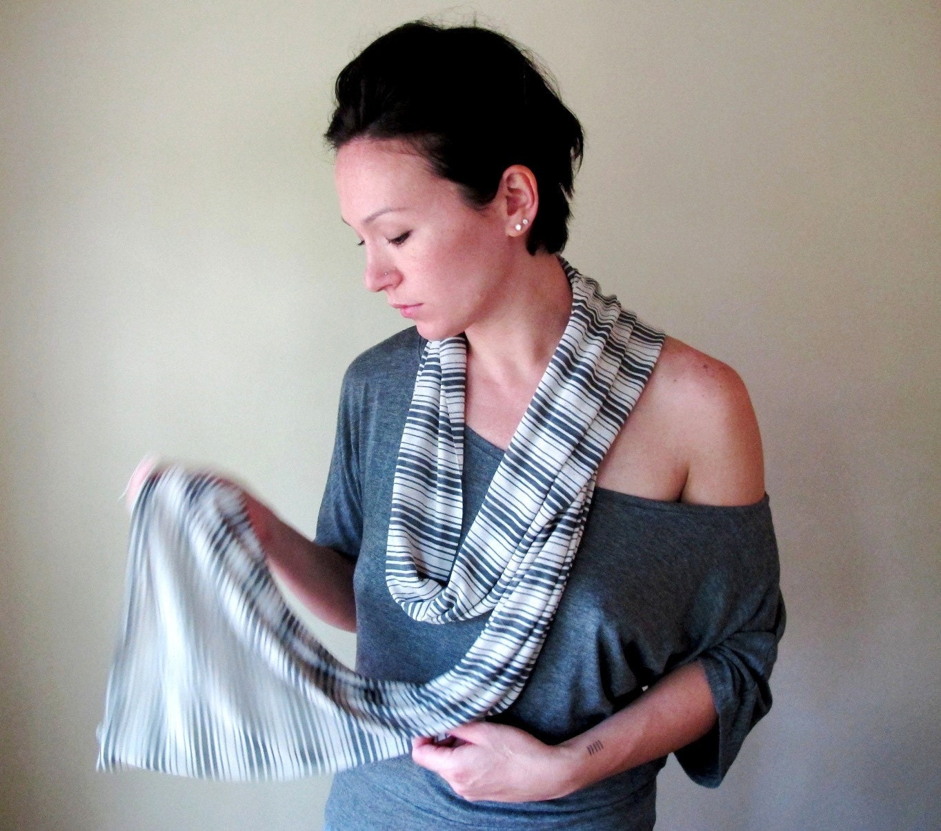 Skinny Scarf - Lightweight Striped Cotton Jersey Scarf - Slate Gray Stone White Stripes