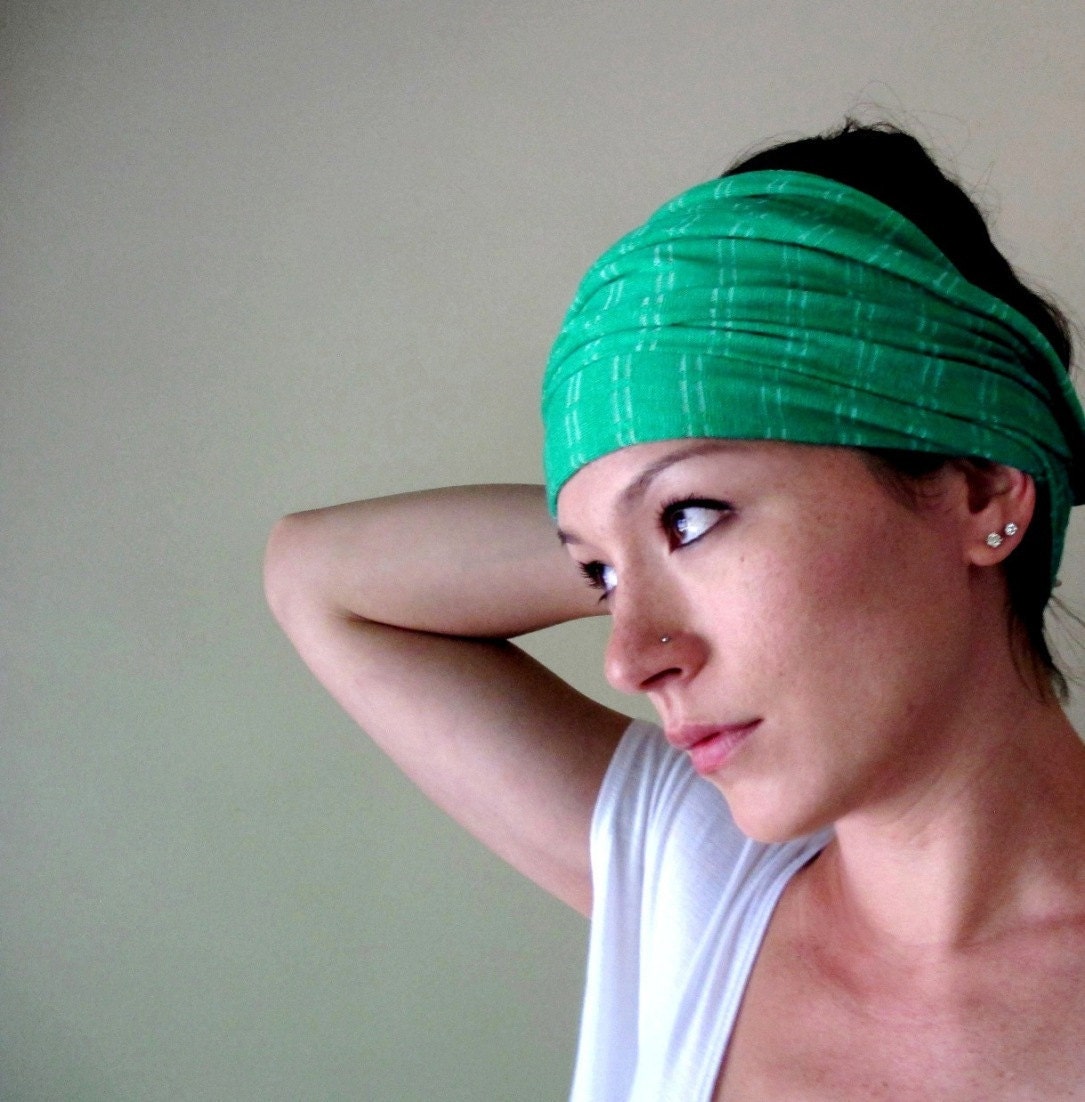 Green Head Scarf - All In One Headband, Hair Wrap, Head Wrap - Womens Neck Bow - Ascot - Fabric Belt, Sash - Cotton Jersey