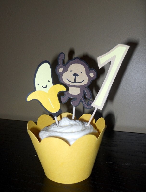 Monkey birthday -cupcake toppers & wrappers - set of 12