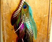 Handmade Extra Long Chain Feather Earring 12 inches long, turquoise, Hamsa Charm, Made with peacock feathers and rooster hair feathers