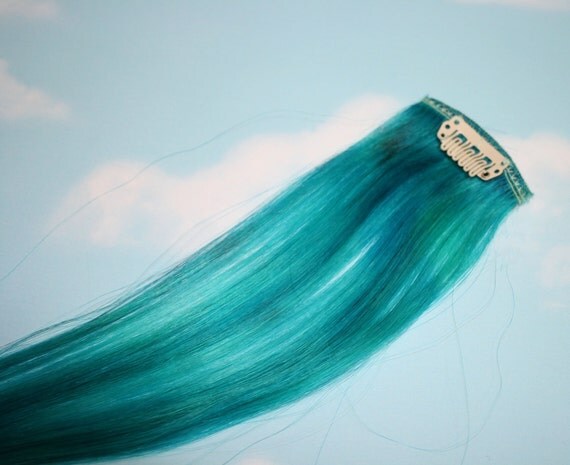 Turquoise, Human Hair Extensions, Colored Hair Extension Clip, Hair Wefts, Clip in Hair, Tie Dye Hair Extensions