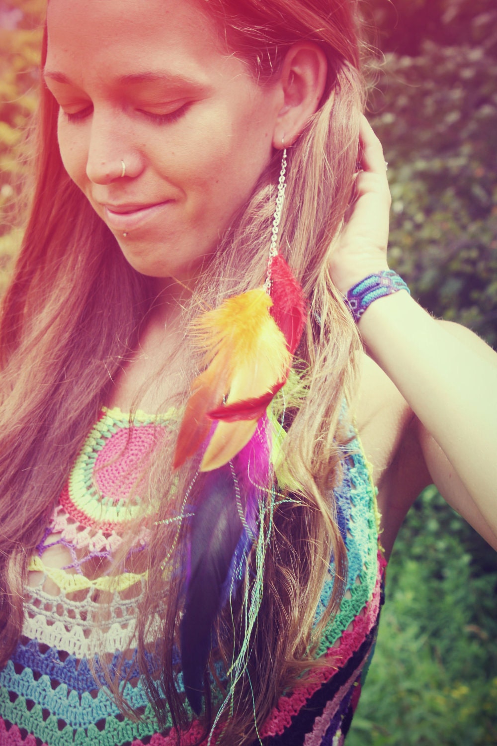 Double Rainbow, Extra Long Single Chain Feather Earring-Hair Extension--12 inches long, NEW iridescent Hair Tinsel- Symbolism