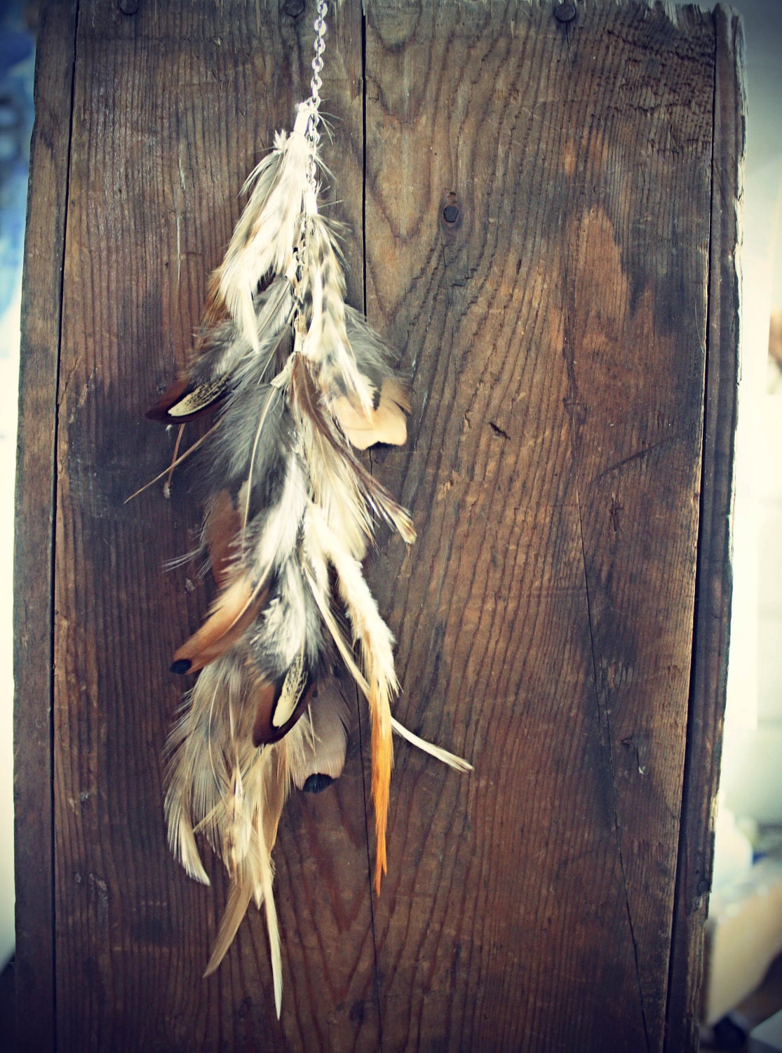 Natural Feather Hair Clip,14 inches, Extra Long Chain Feather Hair Extension-Natural Grizzly Feathers, Rooster Feathers