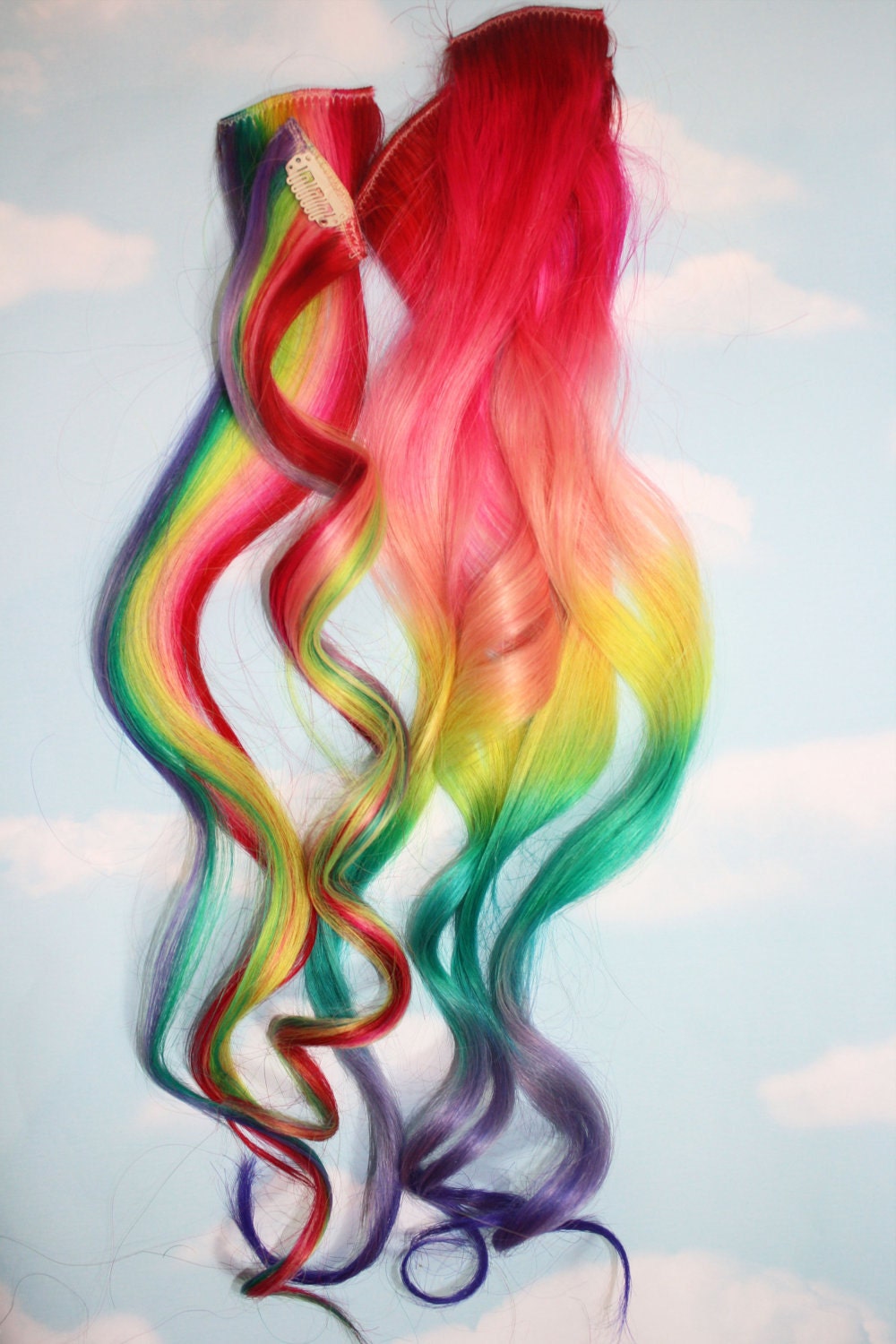 Rainbow Human Hair Extensions. Colored Hair Extension Clip, Hair Wefts, Clip in Hair, Tie Dye Hair Extensions, Dip Dyed Hair