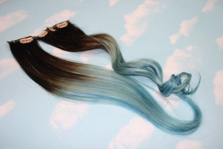 Light Blue Dip Dyed Hair Extensions For Brown Hair, 20-22 inches long, Clip In Hair Extensions, Hippie Hair, Pastel Festival Hair