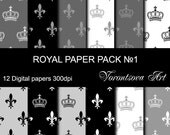 French fleur de lis black, white, grey crown Digital Paper Pack. Set of 12 digital collage sheets. Download and print. 506