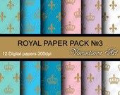 Gold crowns French fleur de lis - blue, rose, white digital Paper Pack, set of 12 color papers. Collage sheet printable download. 503r