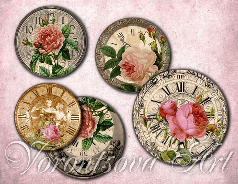 ROSE TIME clock bottlecap 1 inch circle digital art. Digital Collage Sheet Printable download Image.Vintage graphic.810