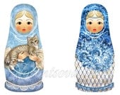 Matryoshka with cat Russian  - Babushka - matrioshka nesting dolls. Digital Collage Sheet. Printable Imade ATC ACEO. 008
