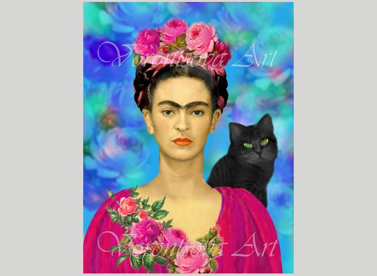 FRIDA KAHLO and Black CAT Original Digital Collage Sheet. Mexican Art. Large image. Personal & Commercial Use Mexico, gift tags 077