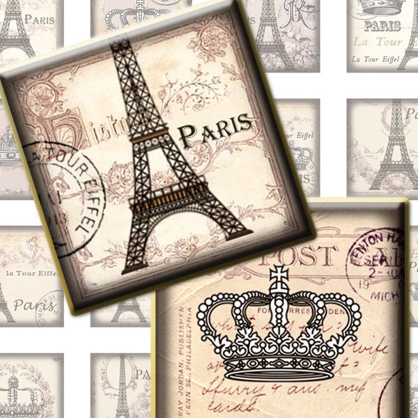 Fleur Paris ivory Eiffel tower Shabby Crown II.  1x1 inch square tiles. Digital Collage Image sheet for scrabble tiles, resin pendants. 309