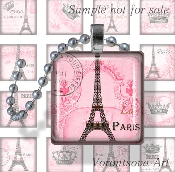 Morning pink Paris. Eiffel tower crown scrabble tiles. 1x1 inch square tiles. Digital Collage sheet. 302
