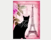 Pink Paris black cat. Digital Collage Sheet. Printable Image french gift tags 4512