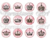 Princess Crown 1 inch Circle pendant image, Digital Collage Sheet. Printable download. Glass necklace, Bottle Cap, Mirror, Magnets. 824