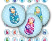 Matryoshka blue polka dot Bottlecap 1 inch Circle image Matrioshka Babushka Russian Dolls. Digital Collage Sheet Printable download  8245