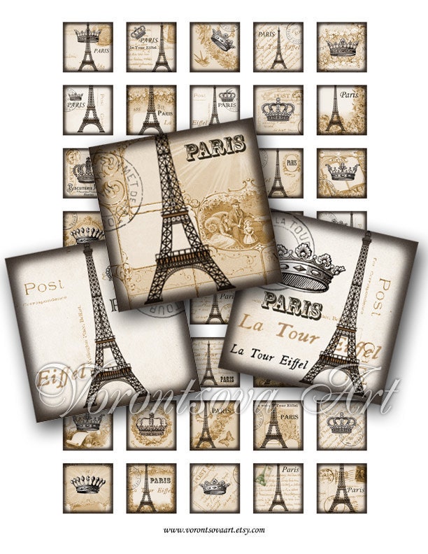 Paris Eiffel tower Vintage Crown sepia. 1x1 inch square tiles. Digital Collage Image sheet for scrabble tiles, resin pendants. 318